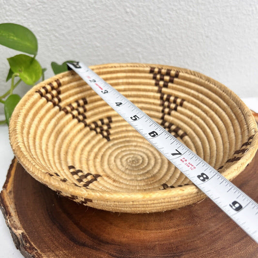 African Hand Woven Coiled Basket Bowl Boho Organic Brown w/ Triangular Patterns