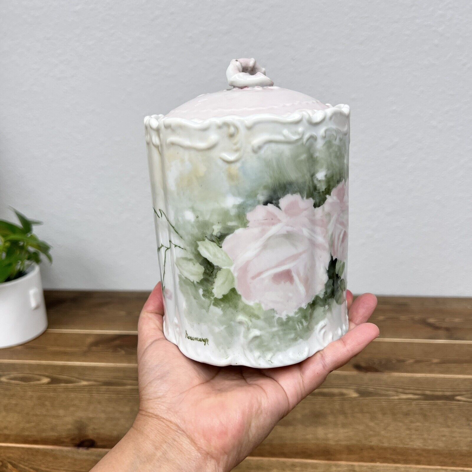 Vintage Porcelain Biscuit/Cracker Jar Pink and White