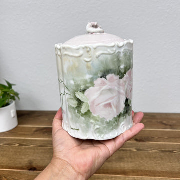 Vintage Porcelain Biscuit/Cracker Jar Pink and White