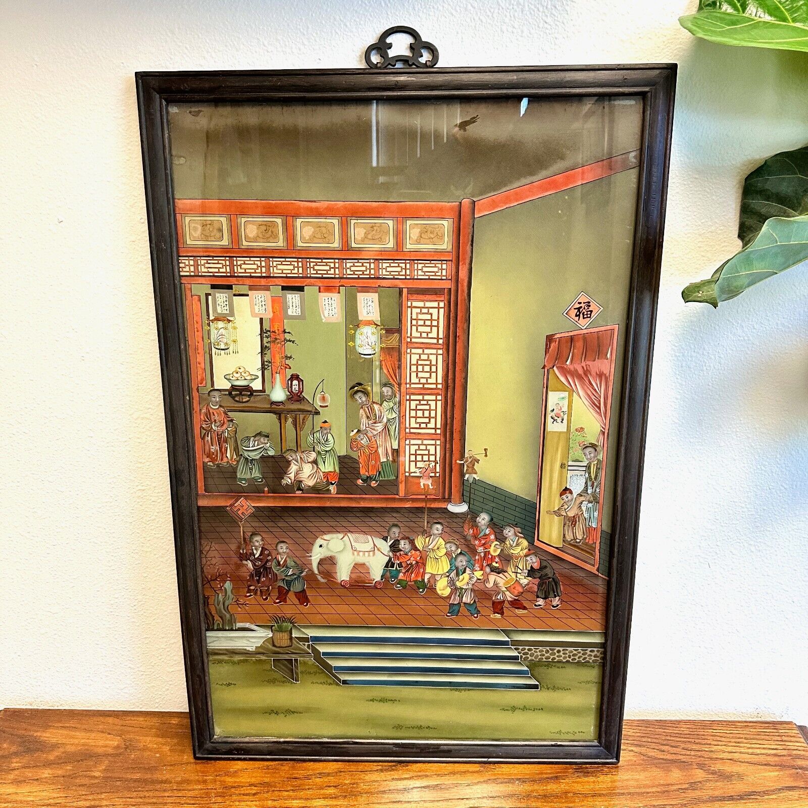 Antique Chinese Qing Dynasty Large Reverse Glass Art Painting Wood Framed 34x22"