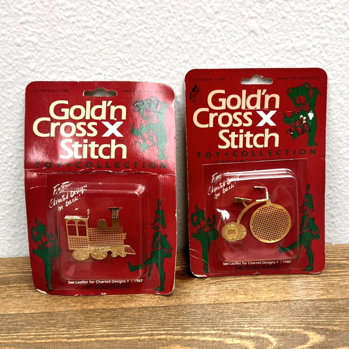 Vintage 1987 Gold’n Cross Stitch 24kt Gold Plated Ornaments Train & Bike USA