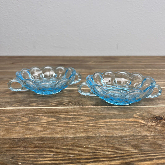 Vintage Fairfield Aqua Blue Glass Bowl Candy Dish with Handles Set Of 2