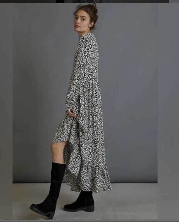 Anthropologie Mare Mare Dress Womens Black White Leopard Ruffle Maxi Size M