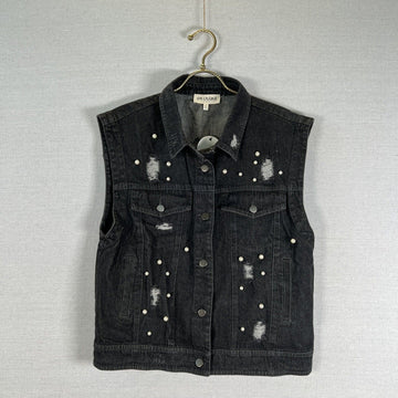 En Crème Boutique Distressed Denim Vest Pearls Button Front Black S