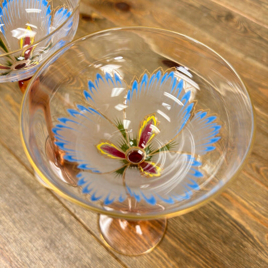 Austrian Art Nouveau Champagne Coupes with Transparent Enamel Flowers Set of 2