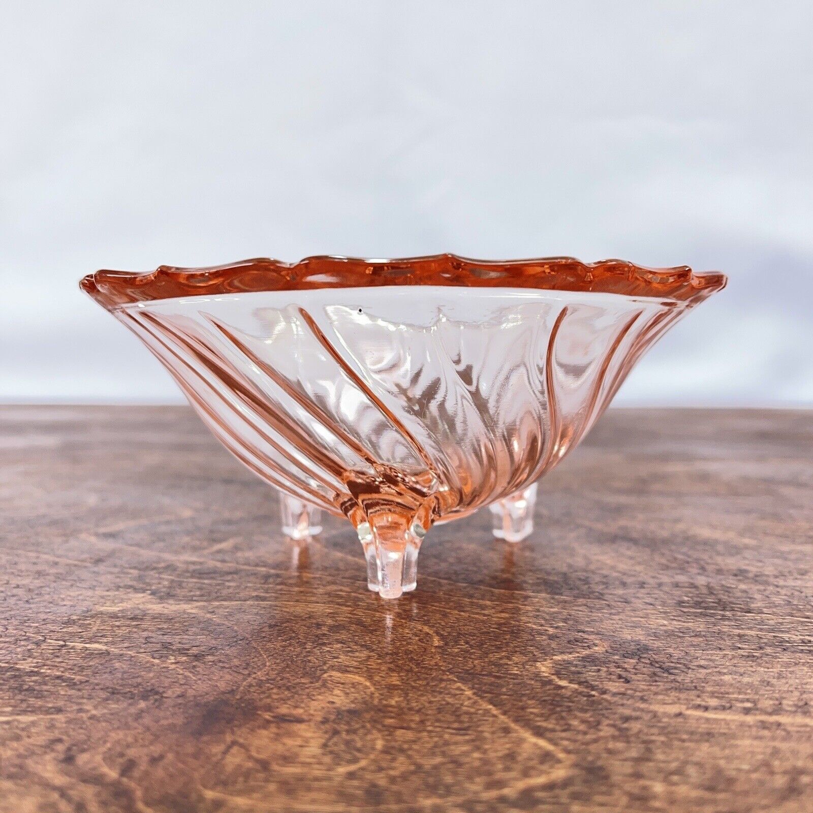 Vintage Jeannette Glass Pink Petal Swirl Pattern Candy Depression Dish 3 Legs