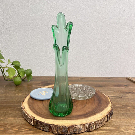 Five Finger Swung Vase Stretch Emerald Green Art Glass Vintage MCM  11.5” Retro