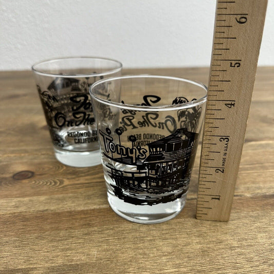 2 Vintage 1980's Tony's On The Pier Redondo Beach California Heavy Rocks Glasses