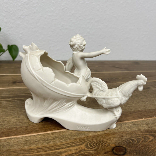 German Art Nouveau White Bisque Porcelain Lady & Rooster & Flowers 4585