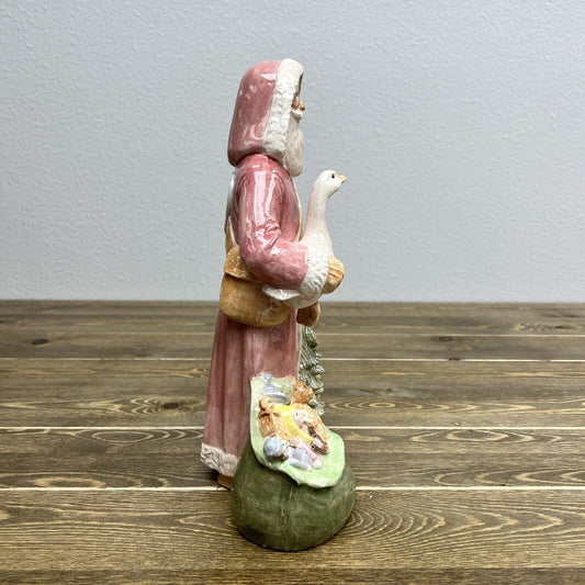 Vintage Concolino Pink Santa With a Goose Figurine Ceramic