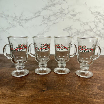 Set of 4 Libbe Christmas Holly Ribbon Clear Glass Disc Stem Irish Coffee Cups