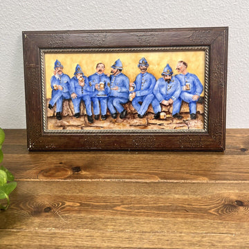 Vintage British Policemen Painting on Heavy Tile Signed Hawrence in Wood Frame