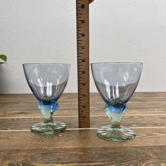 Set Of 2 Blue & Green Bormioli Rocco Bahia Glass Wine Goblets 5-5/8" Italy