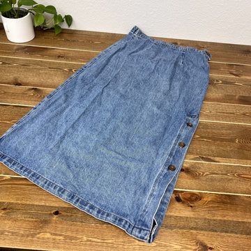 VTG CMC Womens Maxi Skirt M Blue Denim Elastic Waist Button Side Slit Made USA