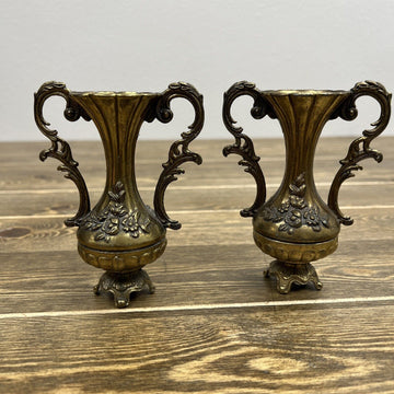 2- Vintage Brass Ornate Footed Bud Vases Floral Pattern Made In Italy