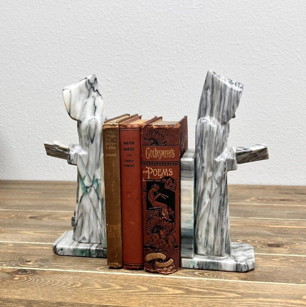 Onyx Tellez Monk Bible Marble Bookends Tecali Puebla Mexico White & Green 10”