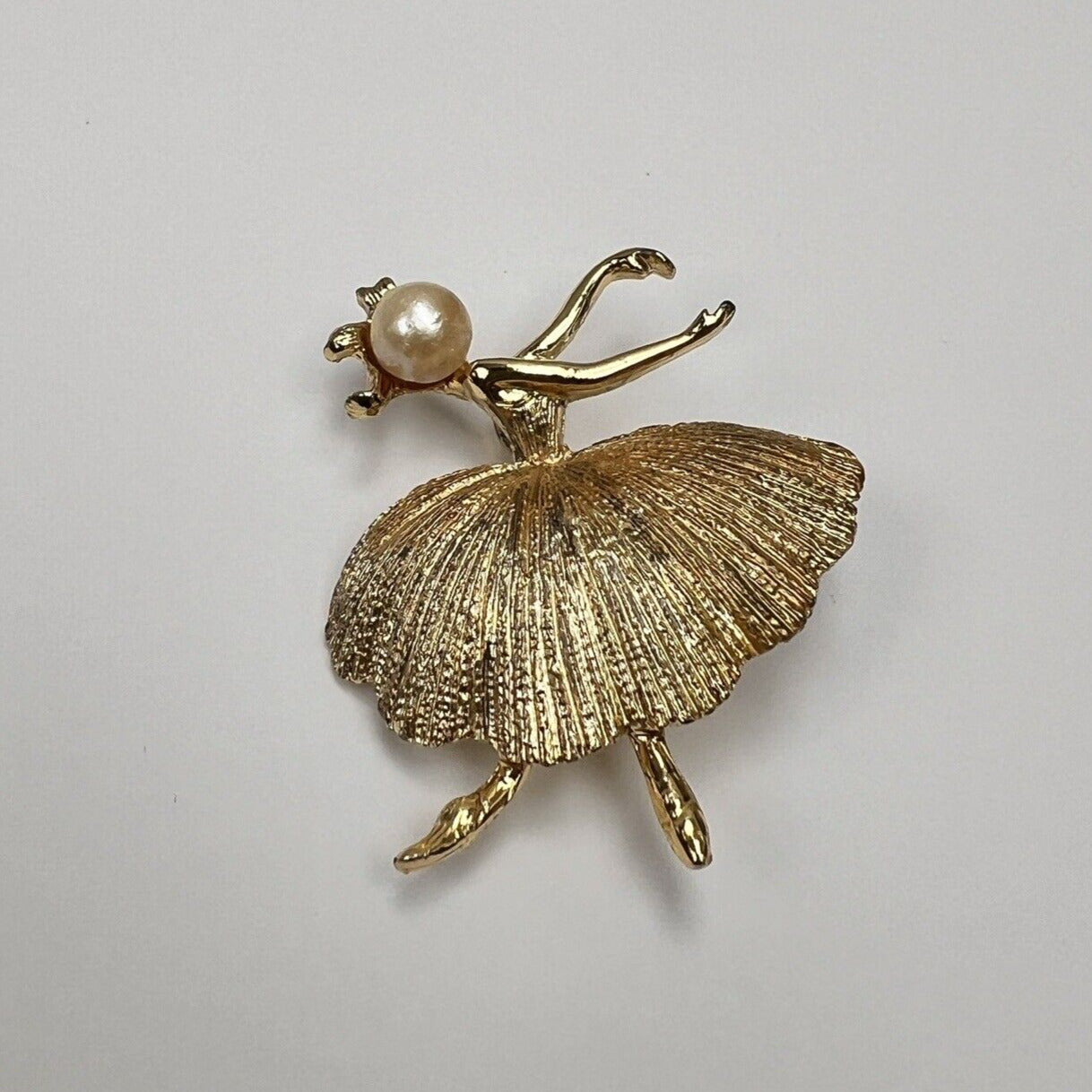 Vintage Ballerina Textured Brooch Pin Gold Tone Faux Pearl Dance Ballet