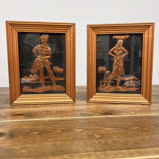 Embossed Copper Relief Tropical Caribbean Islands Man And Woman Kitsch MCM Decor