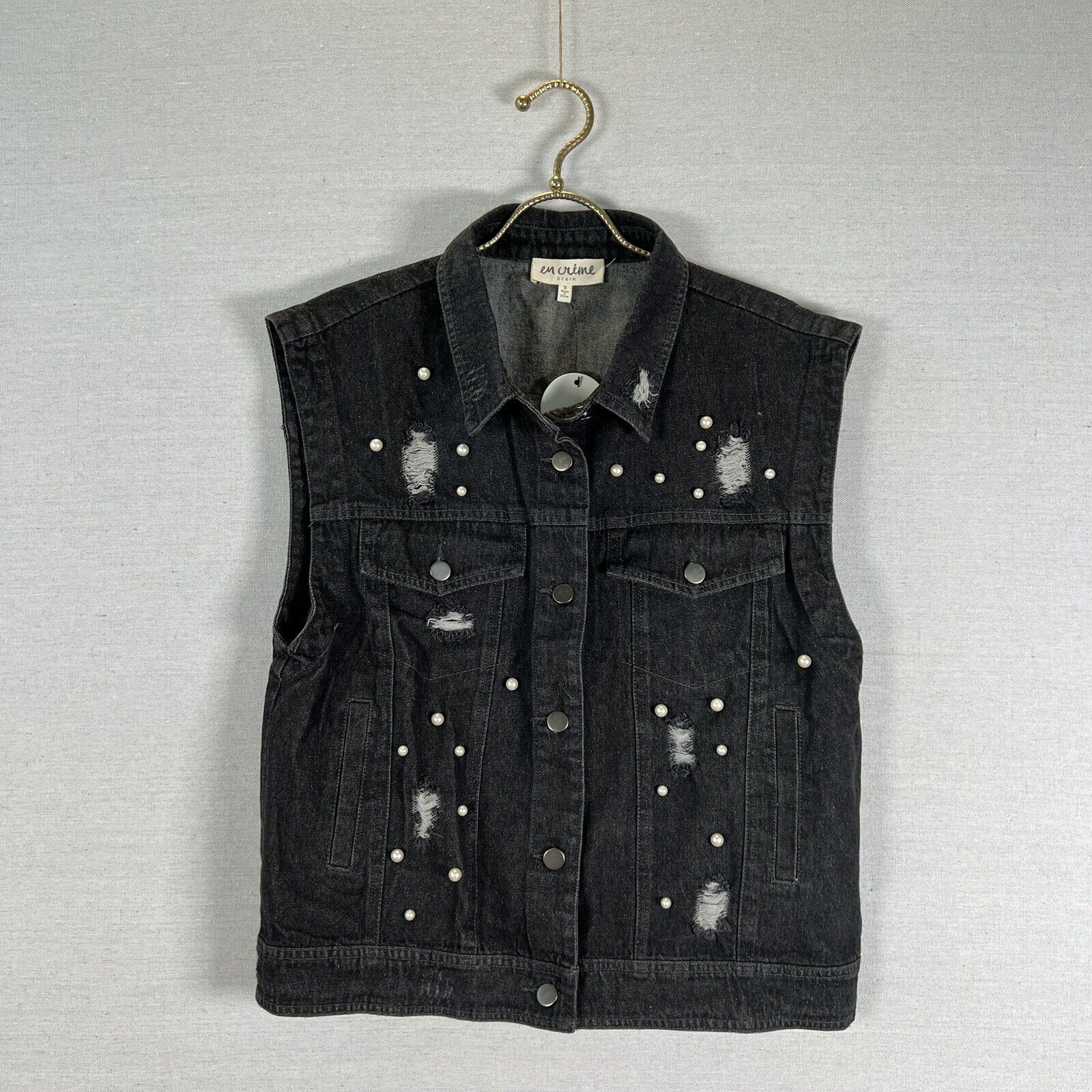 En Crème Boutique Distressed Denim Vest Pearls Button Front Black S