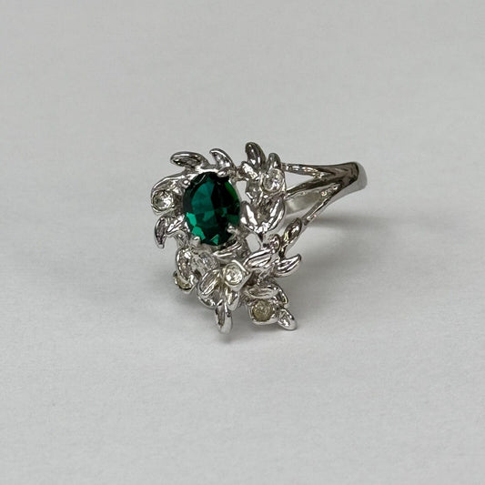 Vintage 18k Plated Silver & Green Gemstone Costume Ring Jewelry marked THOE