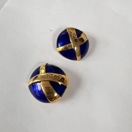 Vintage Gold & Blue Enamel Clip On Earrings