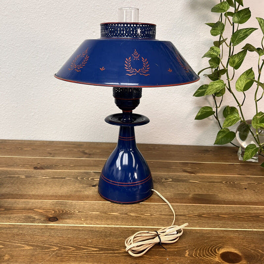 Blue Tole Metal Table / Desk Toleware Lamp with Glass Chimney