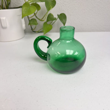 Studio Art Glass Hand Blown Green Applied Handle Vintage 3 1/2" Carafe Vase 1950