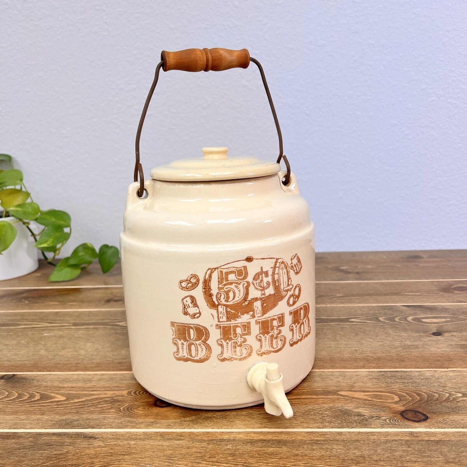 Vintage One Gallon Stoneware Ceramic Crock Beer Cooler Dispenser Wood Handle