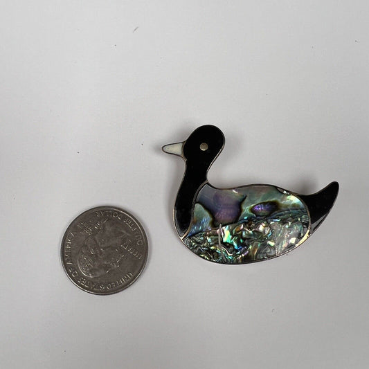 Old Vintage ALPACA MEXICO Duck Decoy Brooch Abalone Black Enamel&Shell Silver