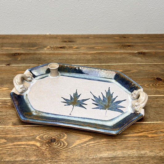 Hand Made Ceramic Platter Tray Signed By Pearsall Maple Leaves Blue