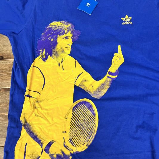 RARE Adidas Middle Finger Ilie Nastase Tennis T-Shirt XL Size in Blue & Yellow