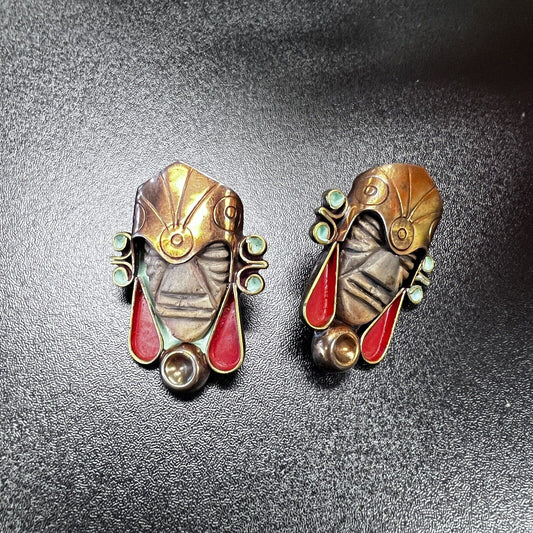 Vintage 1940s Large Enameled Copper and Carved Stone Ceramic mask earrings