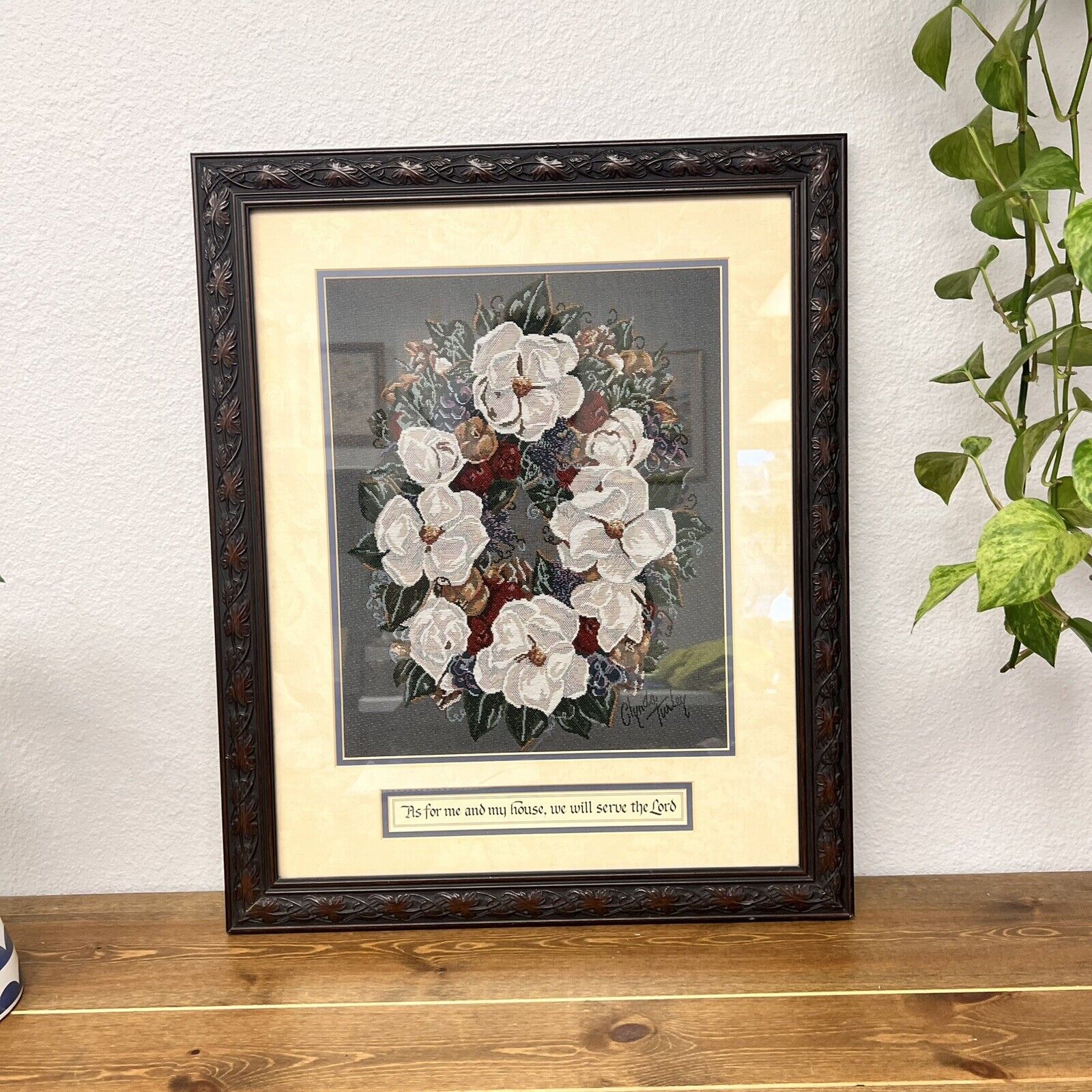 Vintage Glynda Turley Needlepoint Art, "Magnolia Wreath"