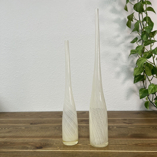 Vintage 70's Filigrana White Murano glass vase Long Neck Set Of 2