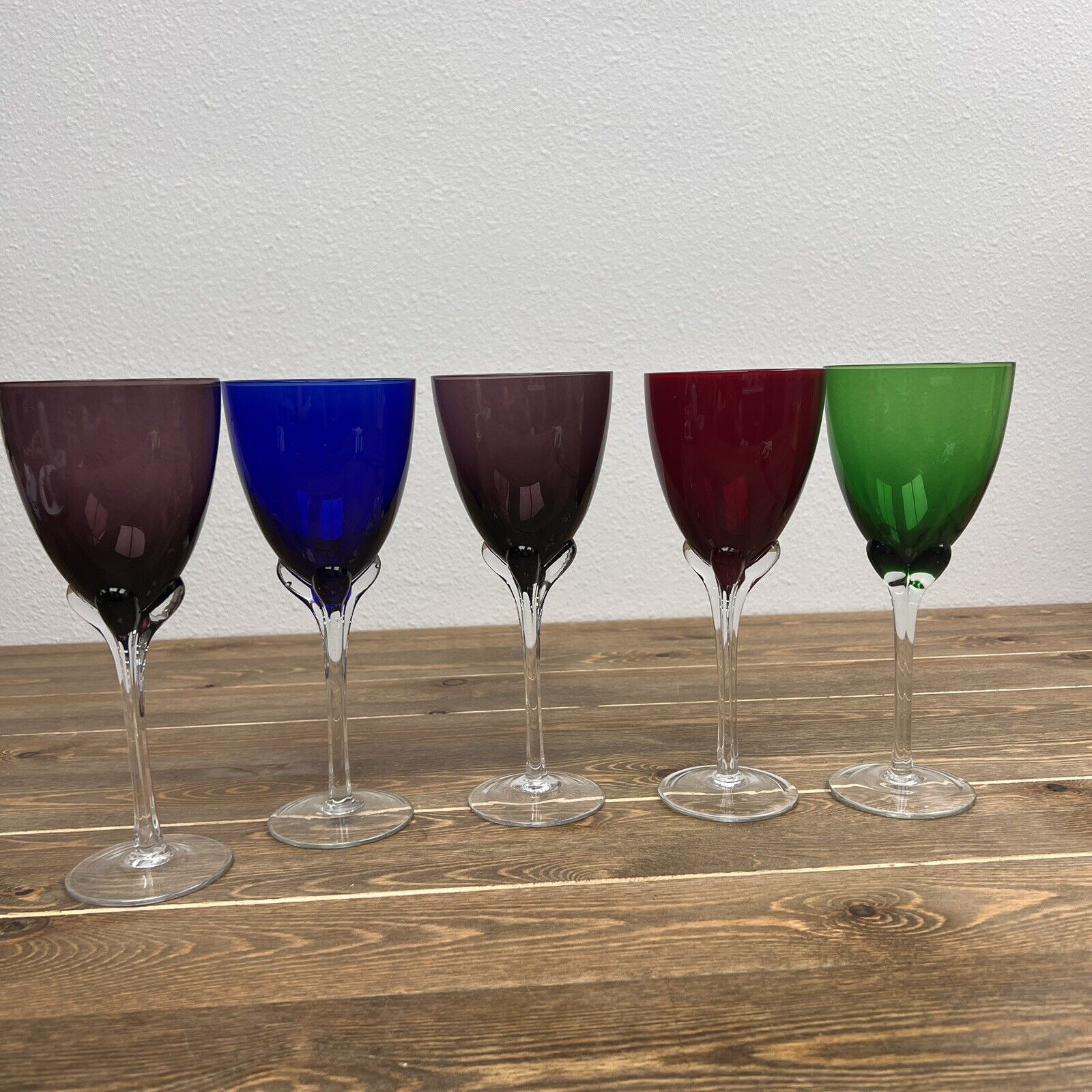 Tulip Base 9 1/2" Tall Wine Goblets Hand Crafted Glasses Stemware Set Of 5