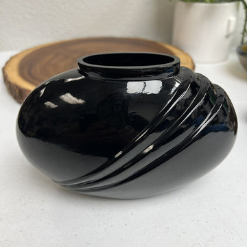 Vintage 1980s Black Art Deco Pleated Hand Blown Glass Oval Vase 6"x4"