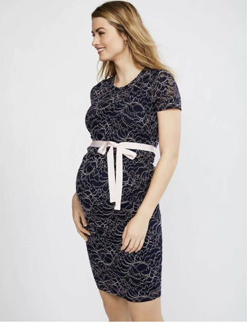 Motherhood Lace Belted Ruched Maternity Dress Blue pink Size M