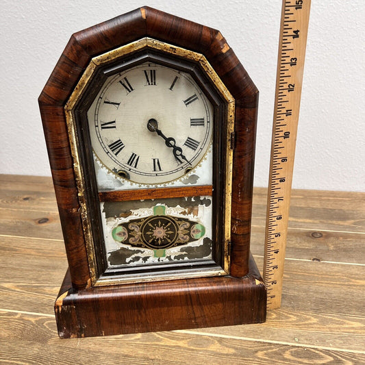 Antique New Haven Wood Mantel Clock, Gem Cottage For Parts Or Repair