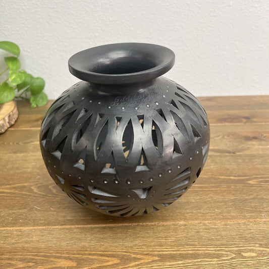 Barro Negro Pierced Pottery Vase / Candle Cover Signed GM Calderon Oaxaca Mexico