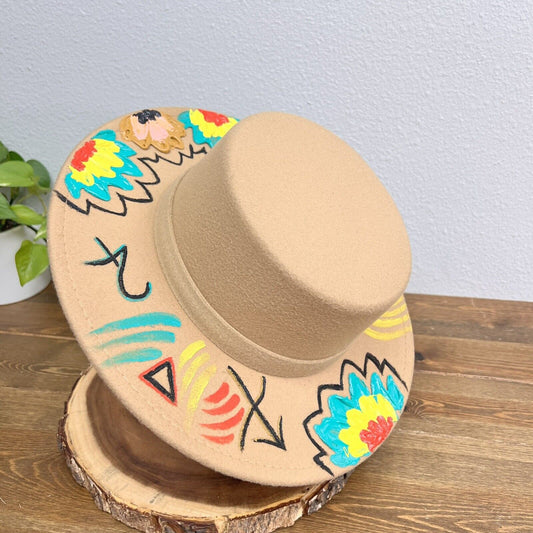 Beige Custom Acrylic Hand-Painted Flowers Wide Brim Women’s Sun Ranch Hat Felt