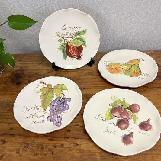 Crate & Barrel Verona Set of 4 Plates Grapes Figs Pears Pomegranate 9”