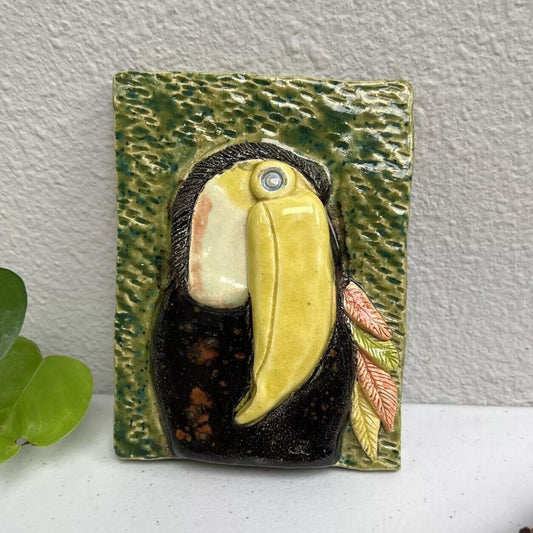 Art Pottery Clay Handmade Small Colorful Toucan Bird in 3D Tile Plaque