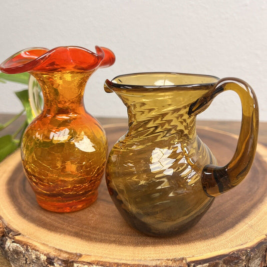 Vintage Miniature Brown & Orange Crackle Glass Pitchers, Lot Of 2