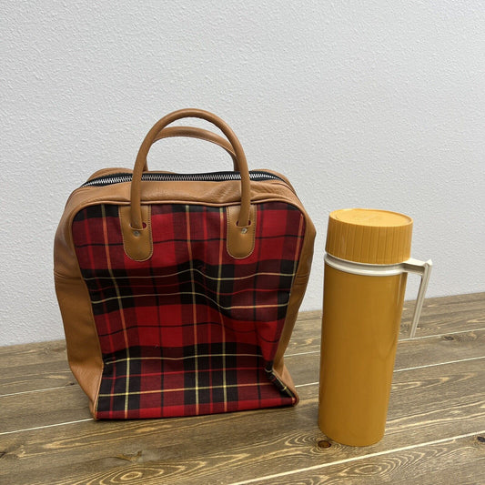 Vintage Red Plaid  Metal Thermos Picnic Set