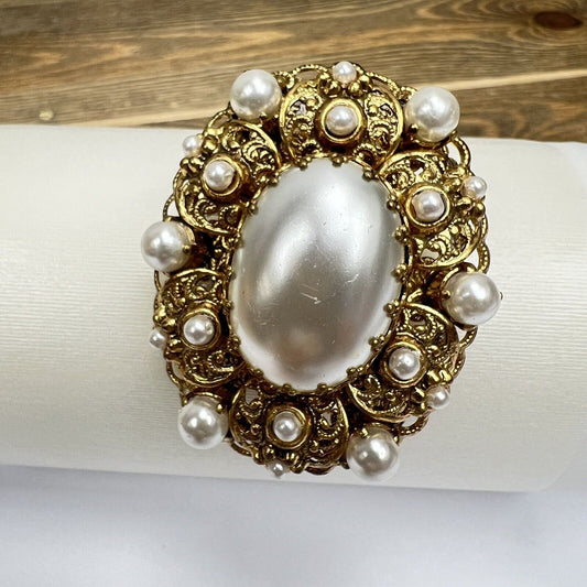 Vintage West Germany Rhinestone Brooch in White & Gold Tone Accents