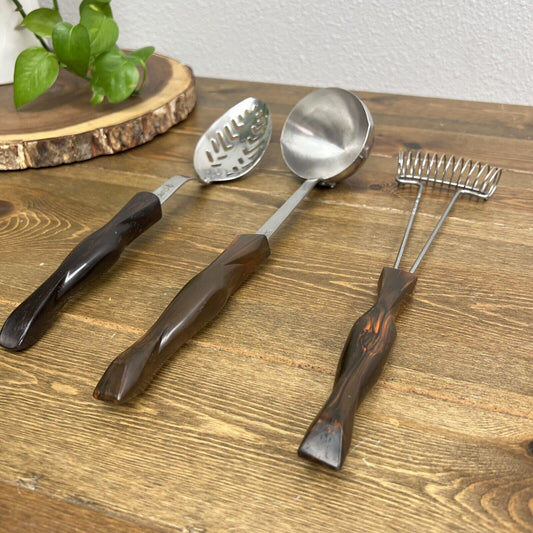 CUTCO Kitchen Utensils Set Of 3 Whisk, Ladle, Spoon, Brown Handles