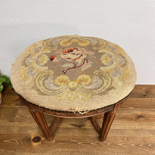 Antique Belgium Needlepoint Walnut Wood Oval Stool in Victorian Style