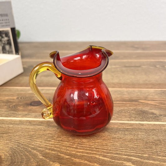 Vintage Hand Blown Rainbow Glass Red Crackle Art Glass Pitcher  Amber Handle