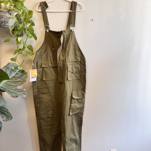 Sloppy Overall Big Pockets Workwear with Zipper Fly Comfort Sz L Olive Green