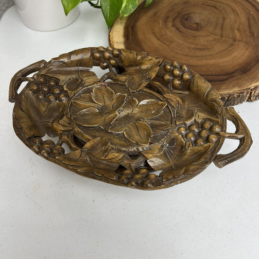 Vintage Musical Carved Wooden Fruit Dish with Vine Leaf and Grape Pattern